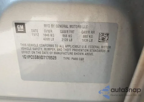 2013 Chevrolet Cruze 1Lt Auto из США, поврежденный, VIN 1G1PC5SB9D7178528